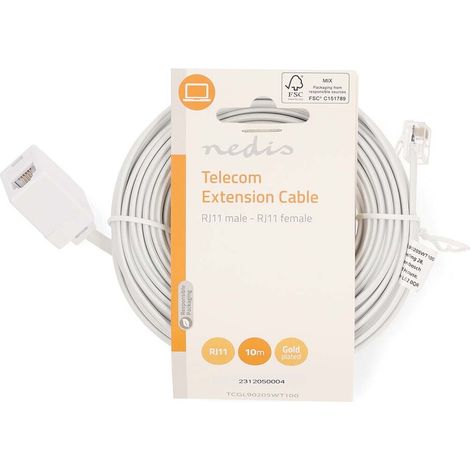 Nedis Telefon-Verlängerungskabel / RJ11 Stecker / RJ11 Buchse / 10.0 m / Kabeldesign: Flach / Beschichtung: Vergoldet / Kabeltyp: RJ11 / Weiss / Label