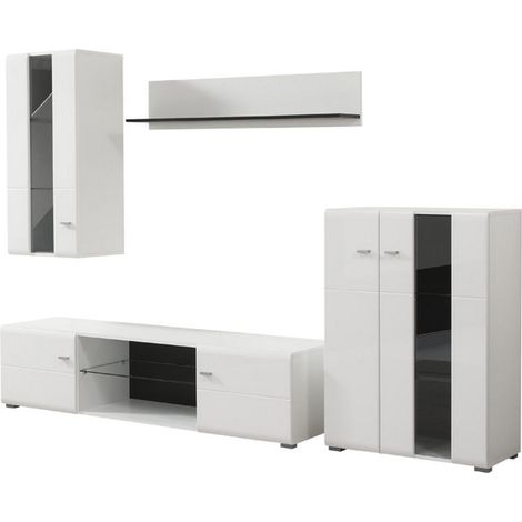 Wohnwand Ozzero, Modulares Wohnzimmermöbel, 7 Regale, 4 Türen, 264x41,5x182h cm Mattweiß