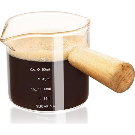 Verre à Mesurer Expresso, Verre Doseur à Double Bec, Accessoires Expresso en Verre Transparent, Avec Poignée en Bois et Becs, Convient pour l'espresso, le Lait, la Mousse de Lait, etc(75ml) (1/5)