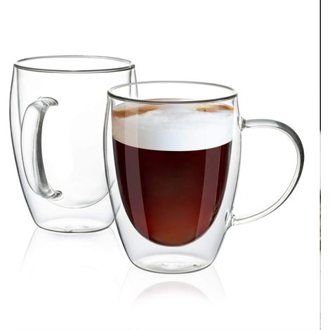 Juego de 2 tazas de café de vidrio transparente de doble pared con asa, de 35 cl (12 oz), para café, té, latte y capuchino. (1/5)