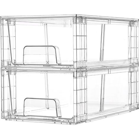 Lot de 2 tiroirs de rangement empilables en acrylique transparent avec poignées, faciles à assembler pour réfrigérateur, salle de bain, cuisine, sous-évier, armoire, garde-manger (1/5)