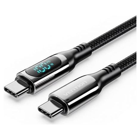 Câble USB 2.0 C mâle vers C mâle 5A tressé en coton Vention avec affichage LED, 1,2 m, noir, en alliage de zinc.