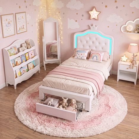JOOKGBD–Letto per Bambini 90x200 cm,Letto Singolo Imbottito,Corona da Principessa,Illuminazione LED,Cassetti,Testiera Regolabile,Rete a Doghe,PU,Bianco