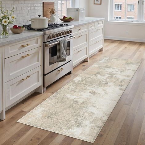 Tapis Beige Couloir 60x180cm Abstrait Cuisine Lavable en Machine Antidérapant Poil Ras Doux Couleur Tapis Chambre Adulte Moderne Salle à Manger Bureau Descente Carpt