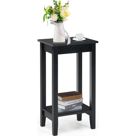 GOPLUS Table de Chevet a 2 Niveaux avec Pieds en Bois,Table d'Appoint Pratique Style Vintage,Meuble sur Pied en MDF,Armoire de Rangement,pour Chambre Salon Cuisine et Couloir (Noir) (1/5)