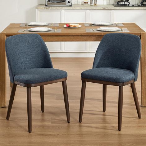 2er Set Esszimmerstühle Leinen mit Holzbeinen, gepolsterte Küchenstühle Blau (1/5)