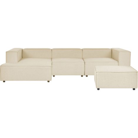 Canapé d'Angle à Droite Modulable avec 3 Places et Pouf en Lin Beige Aprica