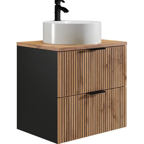 Mobile per bagno sospeso con scanalature con lavabo da appoggio tondo Naturale chiaro e nero 60 cm - MADELA (1/5)