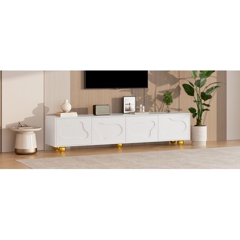 Meuble TV 180 cm blanc avec 4 portes à motif nuage, 2 placards et 5 pieds boule, pour téléviseur jusqu'à 75 pouces (1/5)
