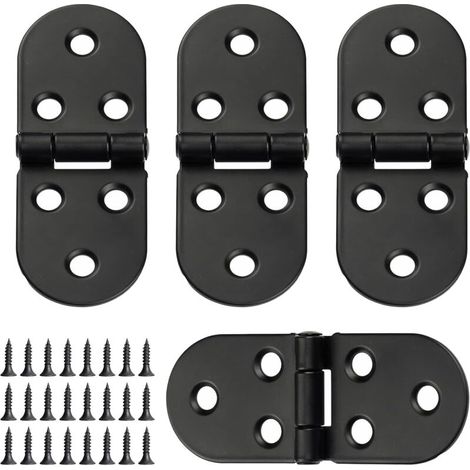 (Noir) Lot de 4 charnières de table pliantes, charnières à 180 degrés, charnières rondes avec vis, connecteur de charnière plat pour montage sur meuble, pliables, adaptées aux armoires et placards (1/5)