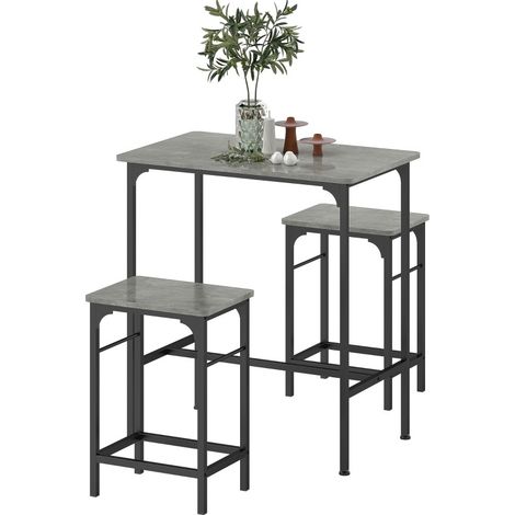 Ensemble table haute industrielle avec 2 tabourets gris pour cuisine et salle à manger (1/5)