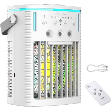 Raffrescatore d'aria portatile – Mini condizionatore con 3 velocità del vento, 3 impostazioni di nebulizzazione, 7 colori di luce, serbatoio dell'acqua da 1000 ml, timer da 2 a 8 ore, telecomando per (1/5)