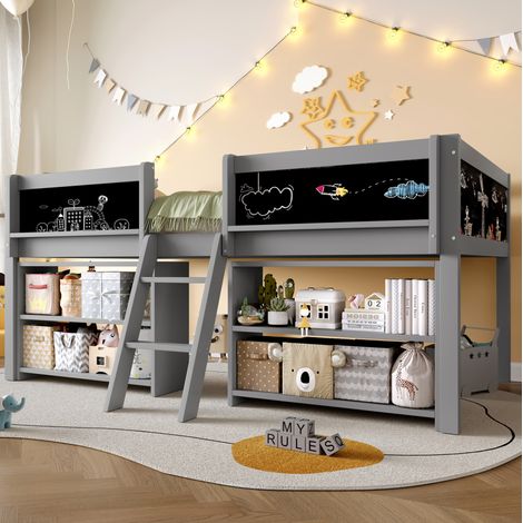 Cama semialta 90x200 cm gris de pino y MDF con estantes, pizarra, barandillas y escalera (1/5)