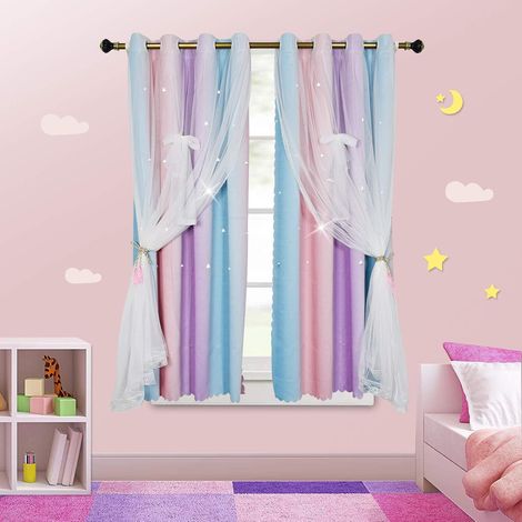 Coppia di tende oscuranti a doppio strato per camera da letto e soggiorno, fantasia Principessa e Stelle, viola, 132 x 160 cm (1/5)