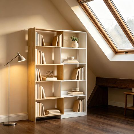 MEUBLIV Bibliothèque modulable 111,5 x 23,8 x 163,7 cm naturel et blanc – rangement d'angle (1/5)