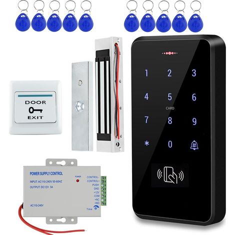 Kit de système de contrôle d'accès RFID : le système de déverrouillage 3 en 1 comprend un clavier d'accès, une alimentation, un verrou magnétique de 158,8 kg, un interrupteur de sortie et 10 (1/5)