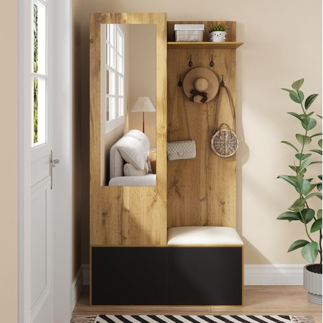 Recibidor perchero de MDF negro y natural con 5 ganchos, 100 x 38 x 191 cm, espejo, banco y zapatero (1/5)