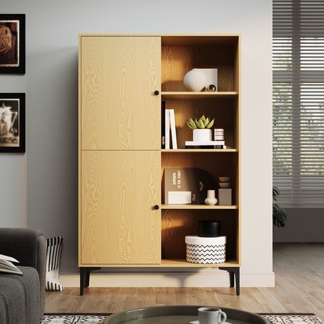 SIRHONA Vitrine de style moderne Semi-ouverte Armoire rangement étagères réglables chambre à coucher Casier Meubles couleur bois, 100x35x160 cm (1/5)