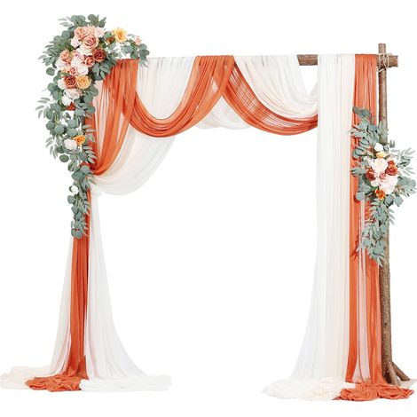 Kit Fleurs Artificielles pour Arche de Mariage avec 2 Bouquets de Fleurs, 3 Rideaux Translucides, pour Décoration Célébrations de Cérémonie, de Toile Fond de Réception, Événements, Orange Blanc (1/5)