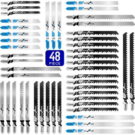 Jeu de 48 lames de scie sauteuse, lames de scie sauteuse à emmanchement en T assorties pour professionnels, lames de scie HCS/HSS multi-usages pour la coupe du bois, du plastique et du métal (1/5)