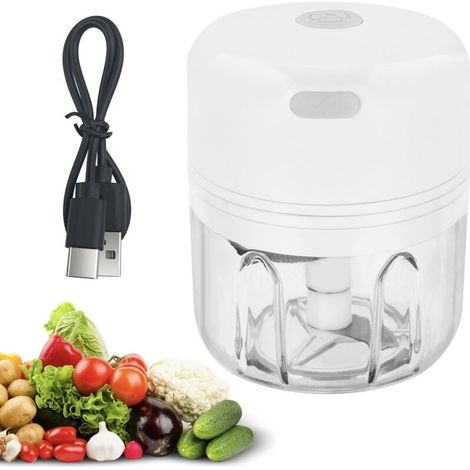 Mixeur hachoir portable rechargeable USB 250 ml, 3 lames acier inoxydable pour oignons, ail, viande et légumes – blanc (1/5)