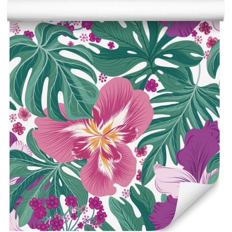 Papel pintado con flores y hojas exóticas para salón y dormitorio, 50x1000 cm. (1/5)
