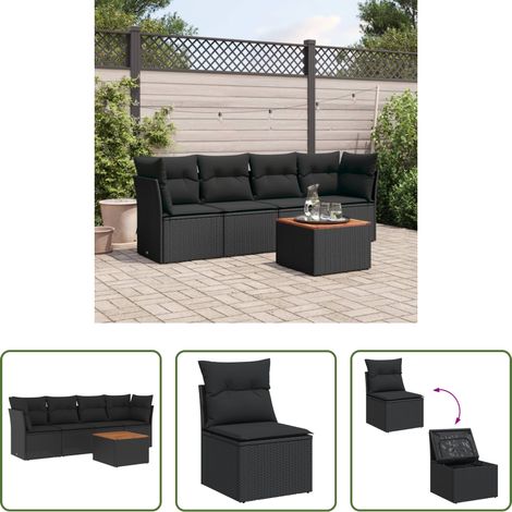 vidaXL Rattanmöbel - 5-tlg. Garten-Sofagarnitur mit Kissen Schwarz Poly Rattan (1/5)