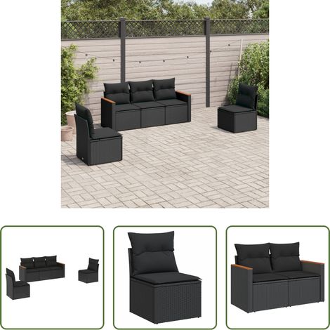 Rattanmöbel - 5-tlg. Garten-Sofagarnitur mit Kissen Schwarz Poly Rattan (1/5)