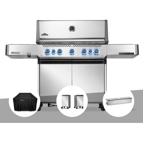 Barbecue à gaz Prestige 665 inox + Housse + Boîtier de fumage + 2 meubles de rangement tablette - Napoléon (1/5)
