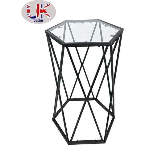 Coffee Table for Living Room Hexagon Glass Tables with Black Metal Frame (1/2)