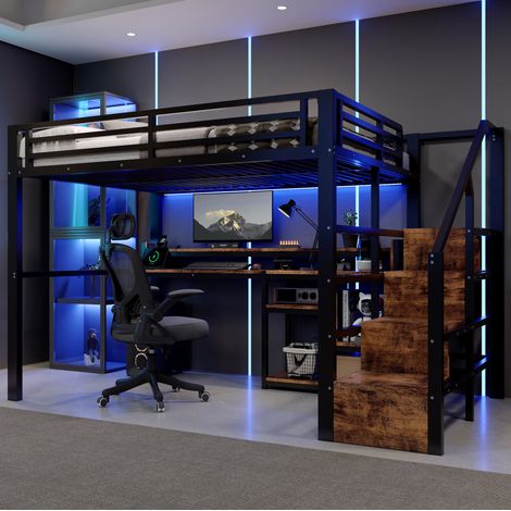 Cama alta 140x200 de metal y MDF con escritorio, escalera con almacenaje, LED y USB negra OKMYHOME (1/5)