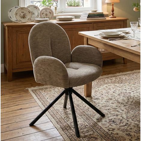 Lot de 2 chaises de salle à manger pivotantes avec accoudoirs, tissu chenille, pieds en métal noir - taupe (1/5)