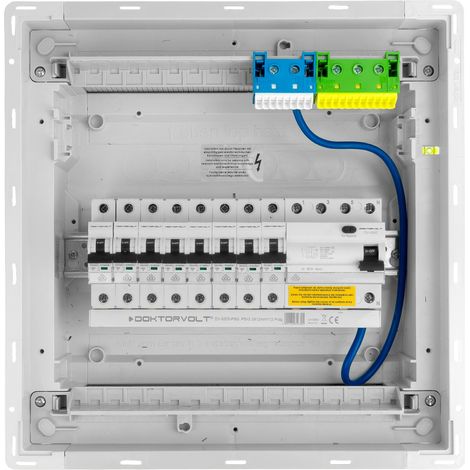 Tableau électrique modulaire encastré 1x12 équipé de 8 disjoncteurs MCB et 1 interrupteur différentiel RCCB VDE câblé coffret Hager 356x348x98 mm Doktorvolt DV-6197-PT (1/5)