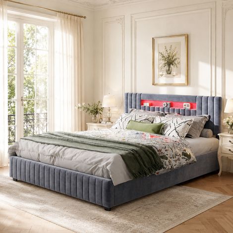 Lit double rembourré de 160 x 200 avec sommier à lattes - Bande lumineuse LED réglable - Tête de lit à rayures - Rangement à vérins - Velour gris (1/5)