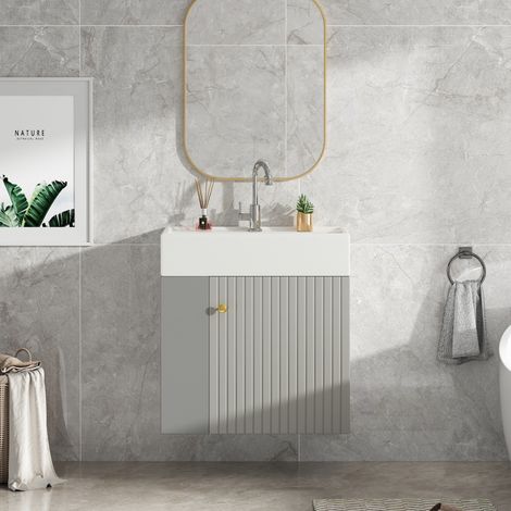 Mueble de lavabo suspendido de tablero de partículas gris y blanco con lavabo cerámico y almacenaje lateral (1/5)