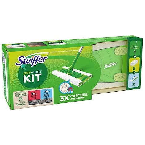 Kit balai Swiffer avec 8 recharges lingettes épaisses – Capacité électrostatique pour attraper 3x plus de poussière – Tête pivotante pour accès facile
