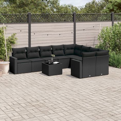 Salon de jardin 10 pcs en résine tressée noire avec coffres de rangement et coussins, 84.56kg - PANGIVO (1/3)