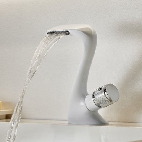 Robinet de Lavabo en Cuivre Massif Blanc, Mitigeur Eau Froide et Chaude, Salle de Bain (1/5)