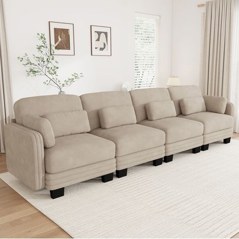 MODFU – Sofá recto modular de 4 plazas 330x88x88 cm de chenilla con cojines lumbares, reposabrazos, espuma 28D y carga 600 kg – Café claro (1/5)