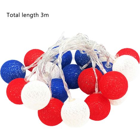 Guirlande lumineuse décorative du 4 juillet, 3 mètres, 20 LED, boules rouges, blanches et bleues, décoration patriotique pour terrasse et fête. (1/5)