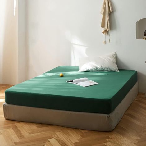 1 Drap housse, Microfibre, 140x200 cm, Bonnet 30 cm, Vert foncé, Pour matelas épais (1/5)