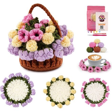 Häkelset für Anfänger: 4 Untersetzer & Blumenkorb mit Video-Tutorials