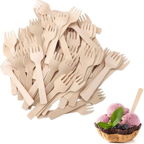 300-teiliges Set aus Holzgabeln, Mini-Einweggabeln, kleinen Löffeln, losen Vorspeisengabeln, Bambusbesteck, Bambus-Kuchengabeln, Mini-Besteck aus natürlicher Birke (10 cm). (1/5)