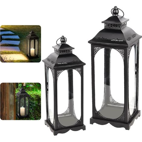Lot de 2 Lanternes décoratives, Structure en fer, Finition noire mate, Pour jardin et intérieur (1/5)