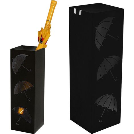 Portaombrelli in Metallo Design Quadrato Stand Nero Vaschetta Salvagoccia (1/5)