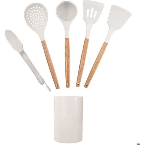 Ustensile De Cuisine En Silicone - Manche En Bois - Ensemble De 5 Pièces Avec Support - Pour Cuisinière Antiadhésive - 5 Pièces (1/2)