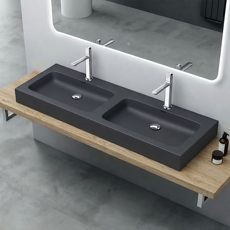 Mai & Mai Lavabo da Appoggio 140x48x13cm, Lavandino Bagno Colossum830 Lavabo da Marmo Fuso, due Fori per la Rubinetteria, Antracite opaco