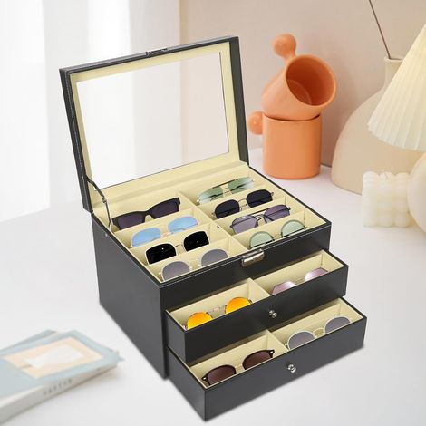 Brillenbox 3-stufige, Brillenvitrine von 24 Brillen, Brillenaufbewahrung Mehrere Brillen, Brillenetui Schublade für Sonnenbrillen, Sonnenbrillen Organizer, 34  25  19 cm, Schwarz (1/5)