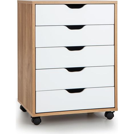 Goplus – Caisson de bureau à roulettes 5 tiroirs – Armoire de rangement pour dossiers et documents – Dimensions 50x42x67cm – Finition naturelle et blanche (1/5)