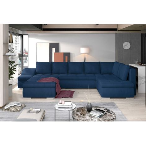 Canapé panoramique GYOVANI bleu marine angle gauche convertible pieds métal (1/2)
